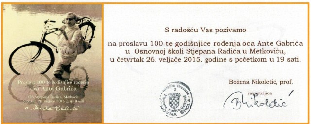 Otac Ante Gabrić, proslava100-te obljetnice - pozivnica