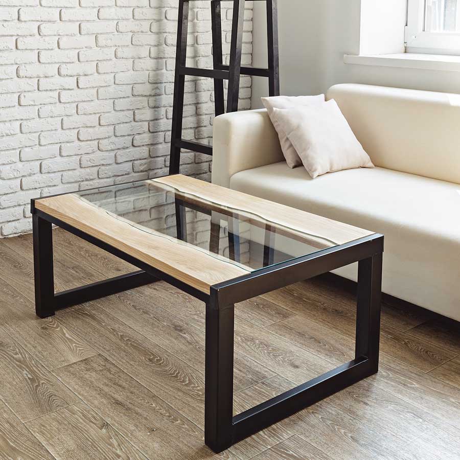 modern wooden table in the loft interior