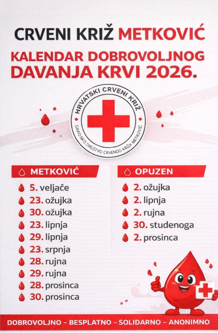 METKOVIĆ Kalendar dobrovoljnog darivanja krvi za 2026. godinu